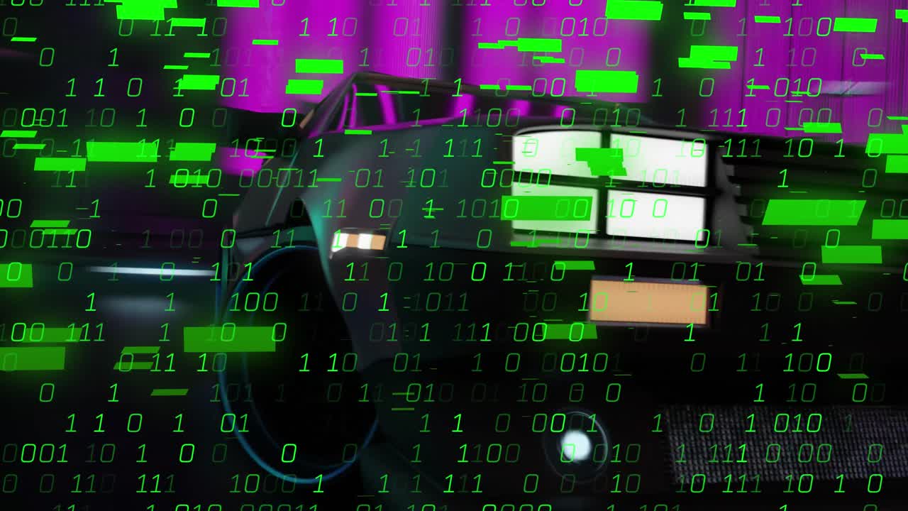 animación de la interfaz digital con codificación binaria sobre la conducción del coche