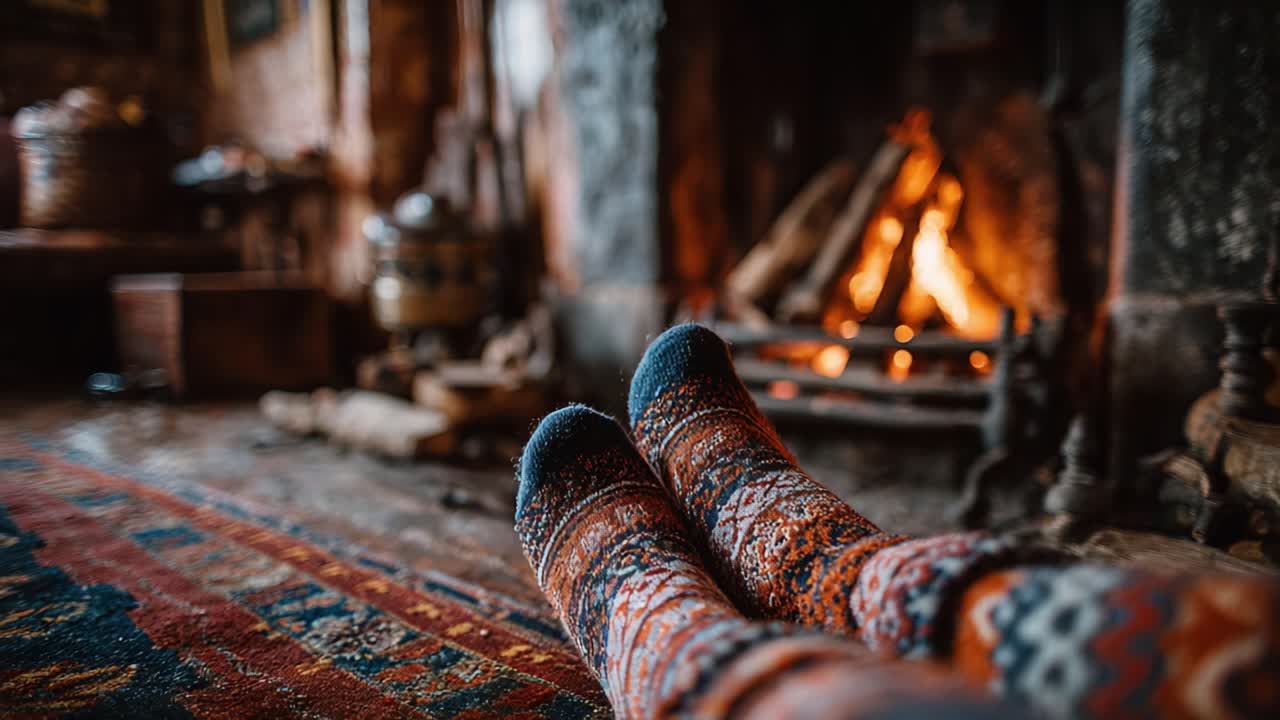 Cozy and Warm Indoors: A Tranquil Scene of Feet in Colorful Socks Relaxing by the Fire on a Rustic Rug Surrounded by a Charming Atmosphere