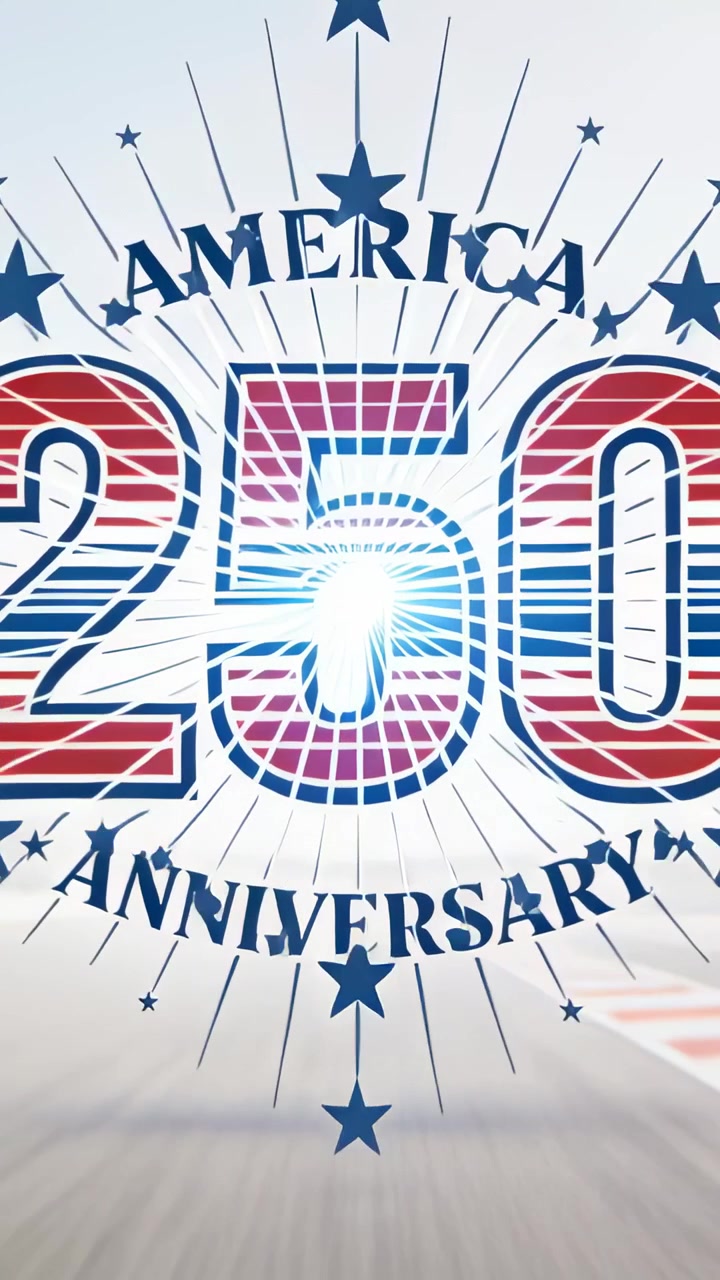 Video verticale: Bagliore che rivela la silhouette di una statua in 5, con la scritta AMERICA 250 ANNIVERSARY che si irradia in studio.