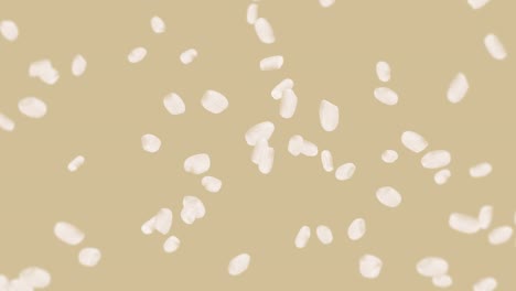 volando mucho arroz en fondo marrón. granos de arroz blanco. arroz glutinoso. vegetariano. comida saludable. animación de bucle 3d de arroz girando.