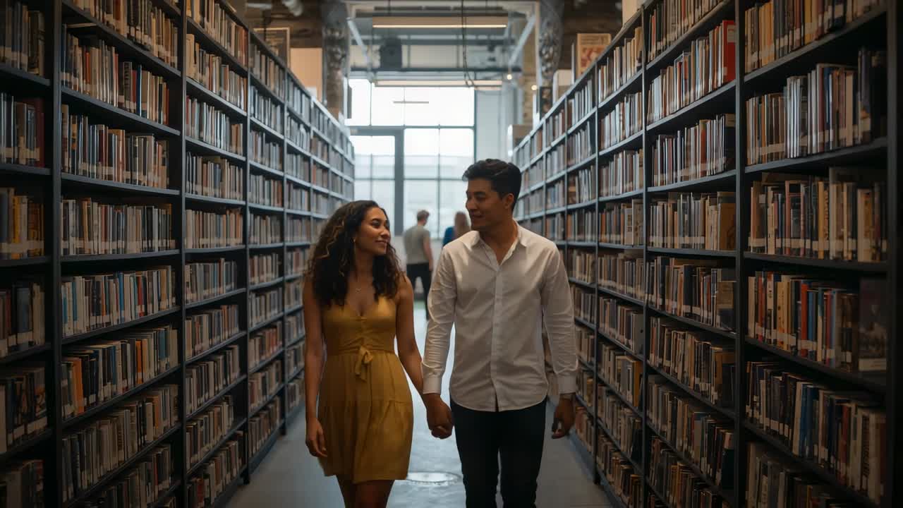 Coppia che cammina entrando dalla finestra, tenendosi per mano mentre parla nel corridoio della biblioteca, vestito giallo e camicia bianca