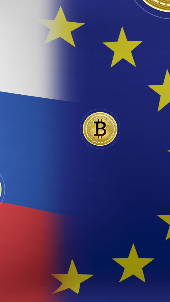 러시아 와 유럽 연합 의  ⁇ 발 위 에 있는 비트코인 기호 의 애니메이션