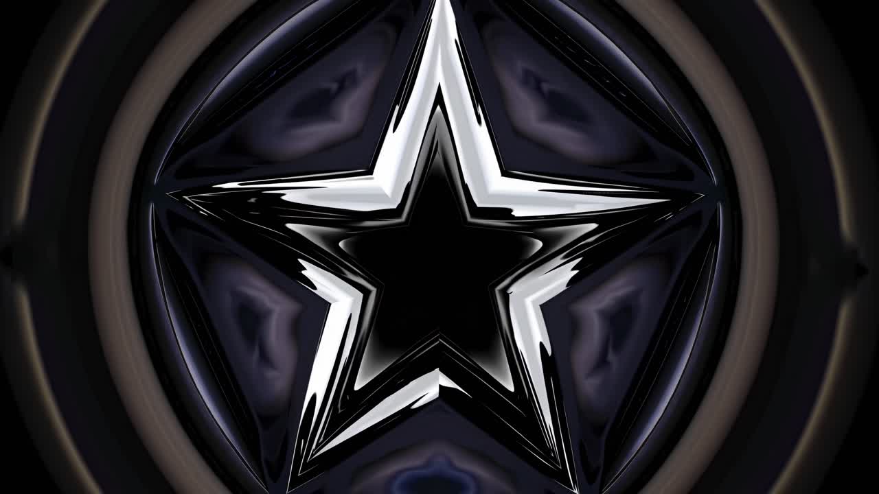 Abstract design featuring a metallic star on a dark background. The star is shiny and reflective