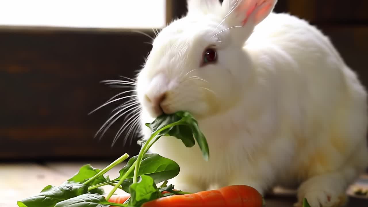 A Beautiful White Rabbit Enjoying Fresh Spinach and Carrots in a Cozy Setting, Showcasing Its Adorable Features and Playful Nature with Every Bite