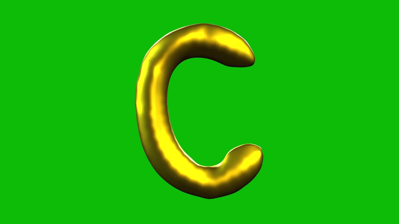 Gold Foil balloon letter C inflates, spins, and reveals on green screen in 3D animation. Ideal for celebrations, parties, birthdays, and video editing projects