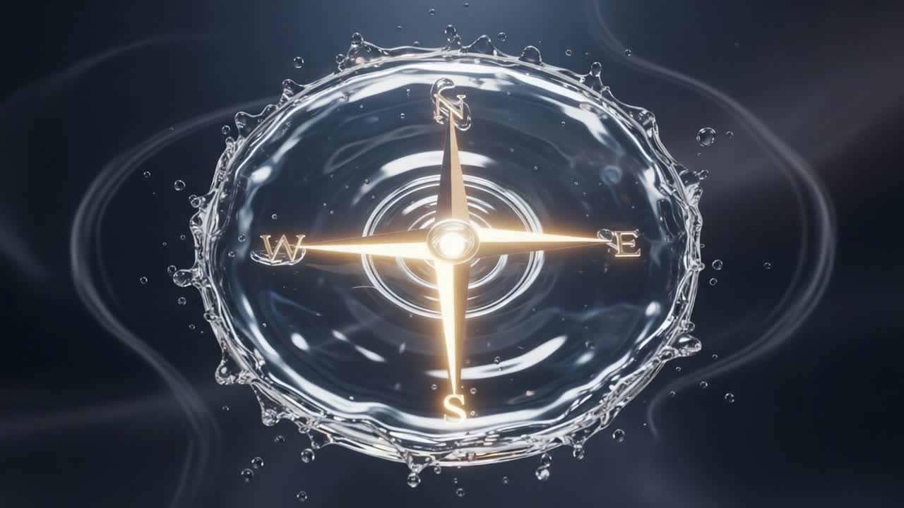 A Stunning Visual of a Water Compass Surrounded by Wisps of Ethereal Light, Capturing the Essence of Direction and Navigation Through Fluid Dynamics