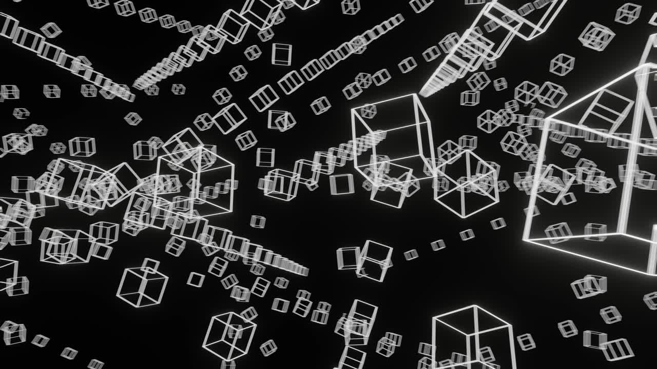 White neon glowing cubes in dark space. Minimal creative concept motion graphic animated background