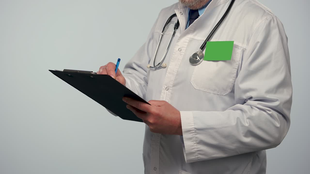 Male doctor takes notes on a medical history or records his research in a black folder. Doc in white medical coat with badge with green screen chroma key. Close up. Slow motion