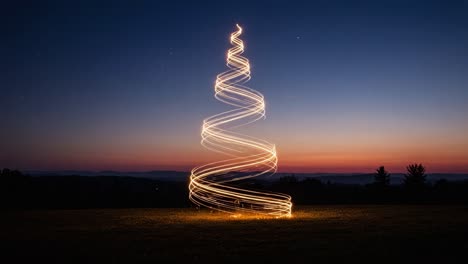 a mesmerizing illuminated spiral tree set against a dusk sky, capturing the beauty of light trails that evoke a sense of wonder and ambiance during twilight