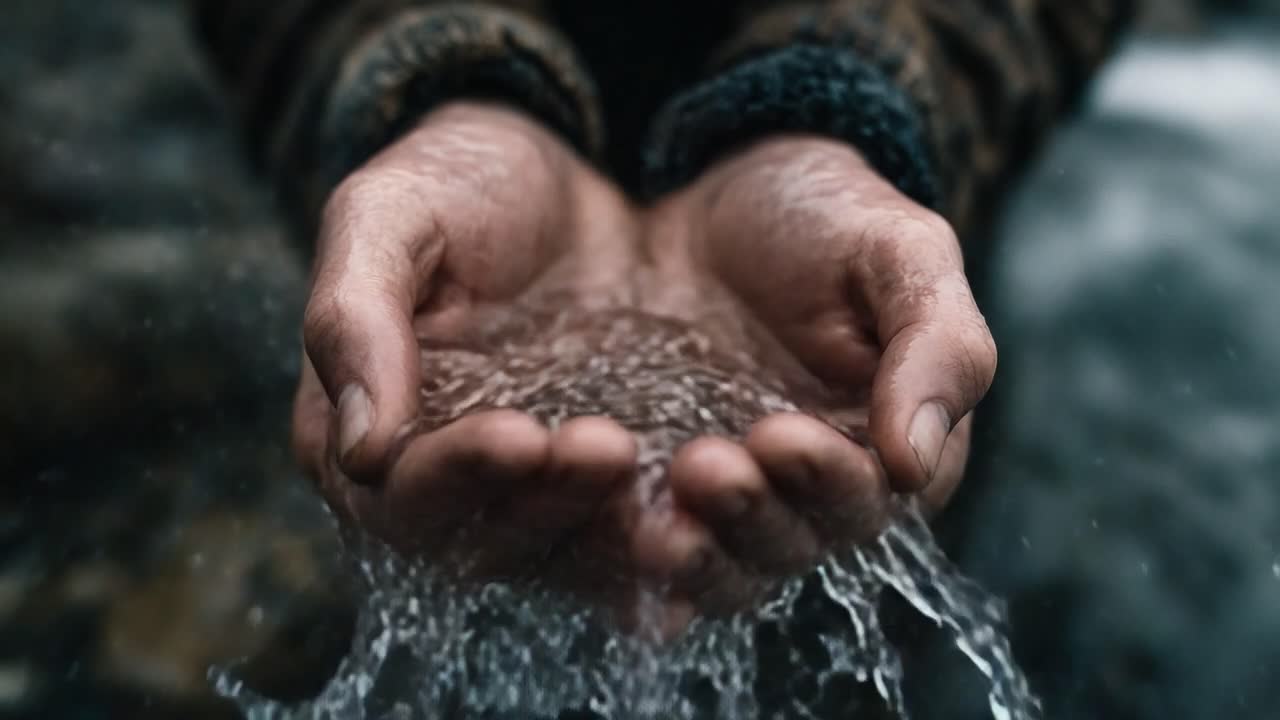 A Captivating Sequence of Two Frames Showing Hands Gently Cradling Water, Emphasizing the Beauty and Fragility of Nature's Elements in a Serene Environment