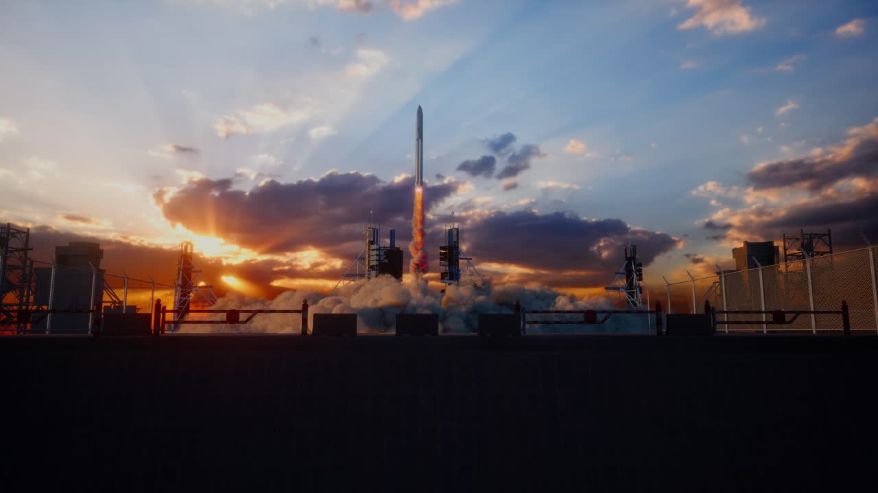 Launch Pad Complex, Successful Rocket Launching With Crew On A Space Exploration Mission. Flying Spaceship Blasts Flames And Smoke On A Take-Off. Humanity In Space, Sunset Time