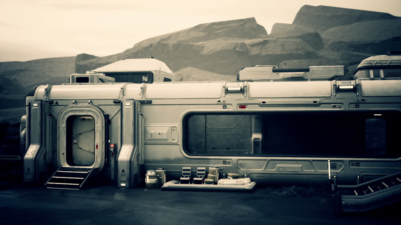 Futuristic spaceship parked near mountain