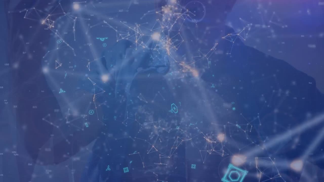 Animation of network of connections with icons over caucasian men using smartphone