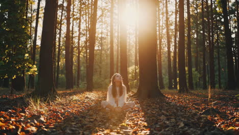 a woman sits peacefully in a sunlit autumn forest