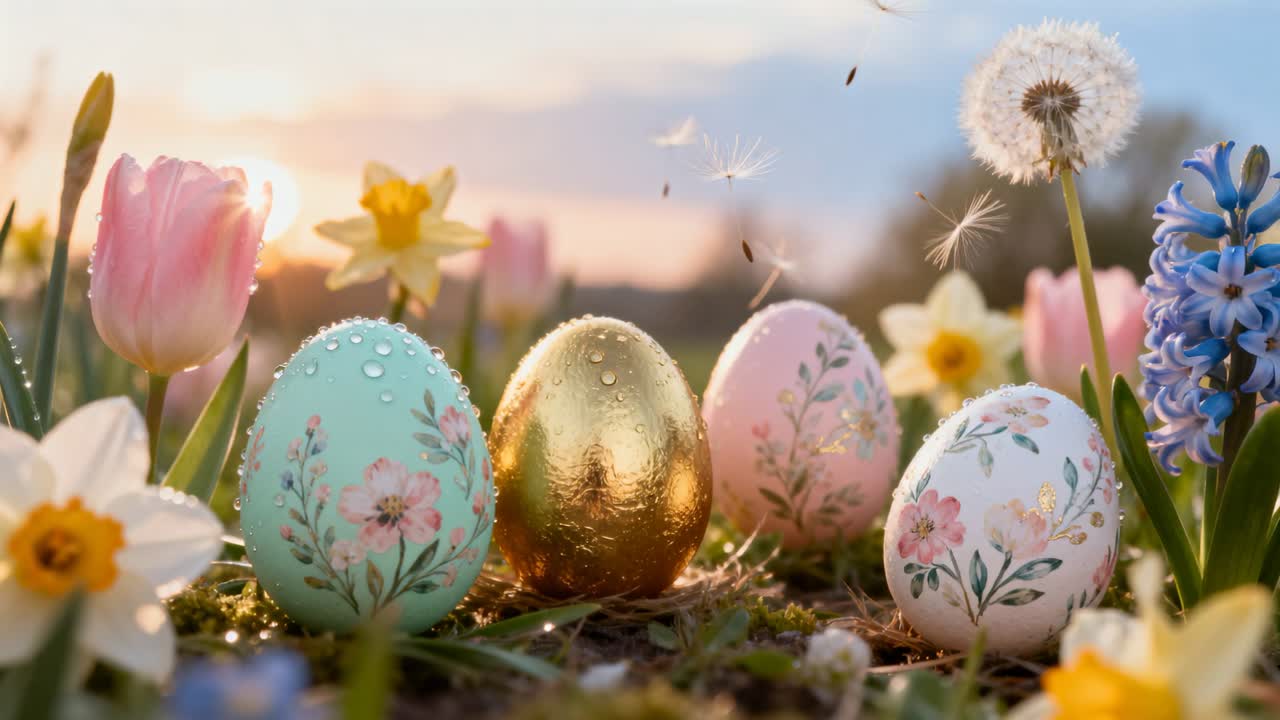 Drifting dandelion seeds riding soft breeze past four decorated eggs in spring garden, catching dew