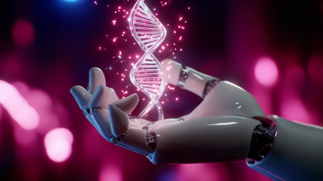 A futuristic robotic hand delicately holds a glowing, spiraling DNA strand, surrounded by a mesmerizing display of vibrant pink hues and shimmering particles, symbolizing advanced technology and genetic innovation