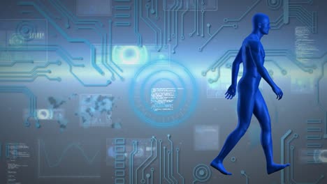 animación de procesamiento de datos y humano digital en fondo azul