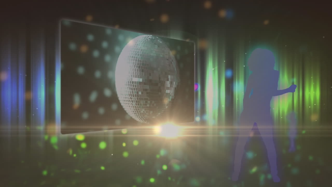 데이터 처리와 함께 화면에 맞춰 춤을 추는 소녀들의 실루 ⁇  위에 빛의 반점의 애니메이션