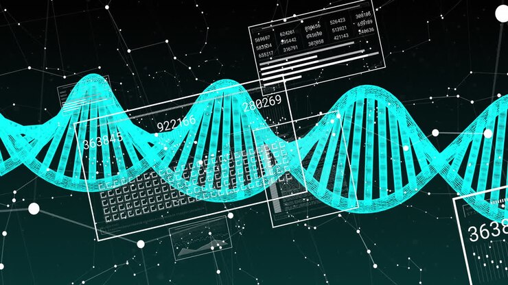 Animation of spinning dna structure, network of connections and interface with data processing
