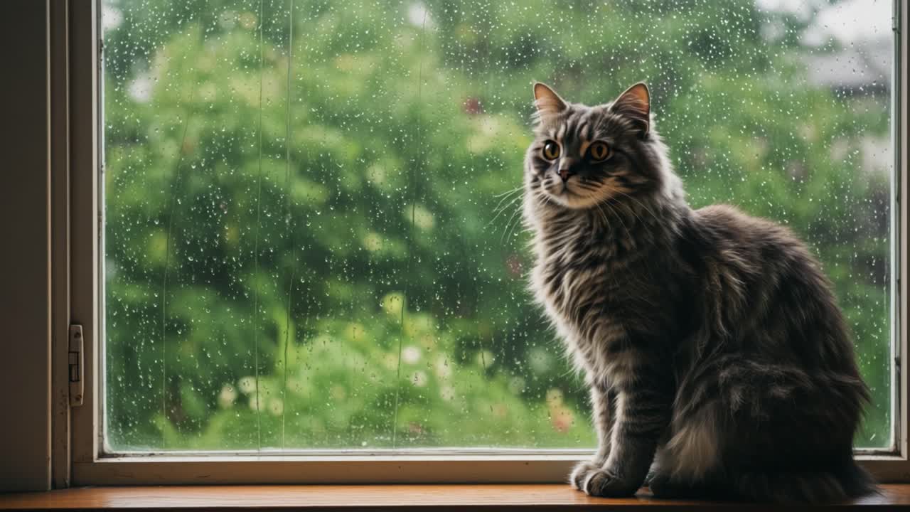 Cat looking out a rainy window
