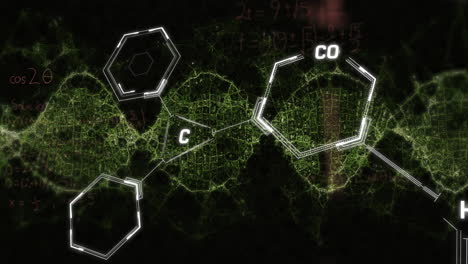 animación de estructuras químicas, ecuaciones matemáticas y onda digital verde sobre fondo negro