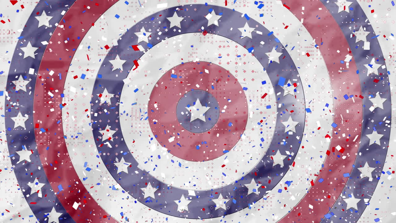 Dot pattern design and confetti falling over multiple stars on spinning circles on white background