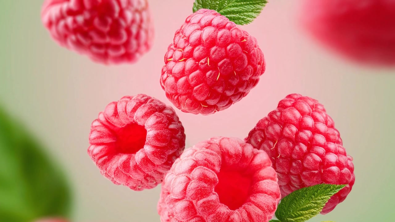 Fresh Ripe Raspberries Falling Against a Soft Green Background