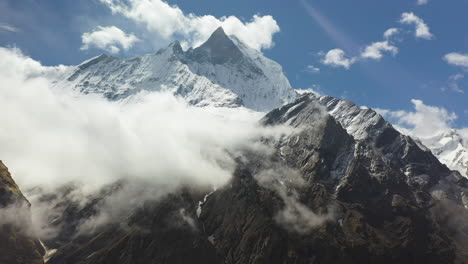 rotating drone shot of the snowy peak of the annapurna mountains, nepal