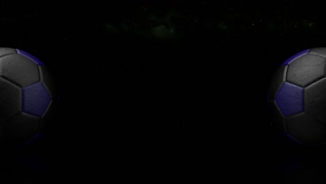 diseño 3d de bolas de fútbol en el fondo oscuro. animación en bucle de bolos de fútbol rodando de cuero en el fondo del universo y las estrellas.