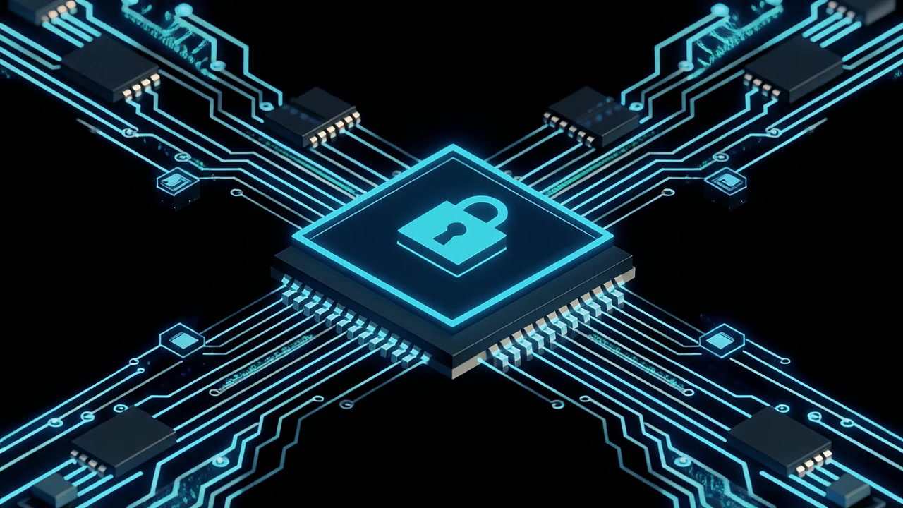 Digitalt sikkerhedskoncept med hængelås på mikrochip og glødende kredsløb.