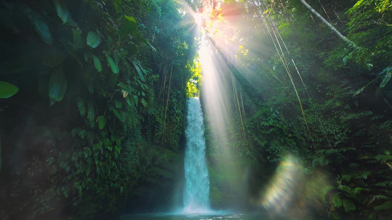 Maestosa cascata in una lussureggiante giungla tropicale con raggi di sole
