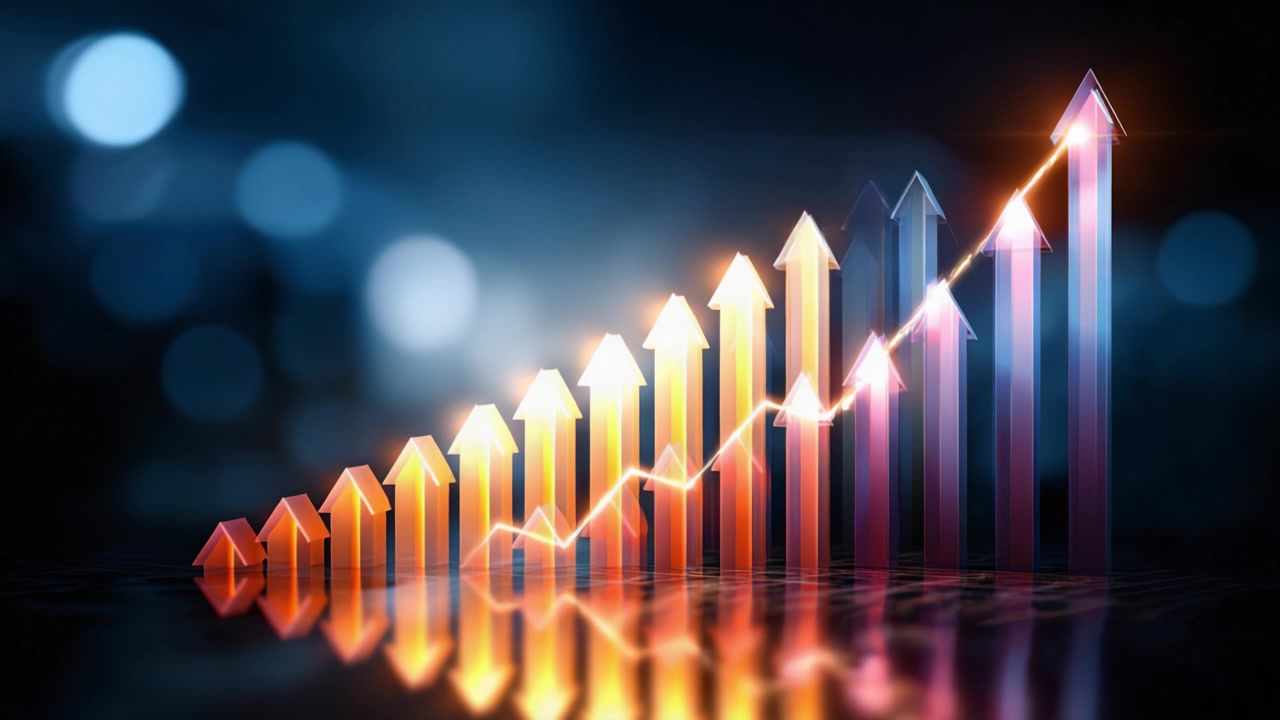Dynamic Growth Visualization: An Abstract Representation of Rising Market Trends and Positive Indicators Illustrated by Vibrant Graphical Arrows and Lines