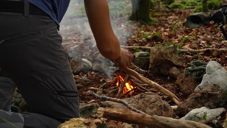 adding sticks to the fire in the woods