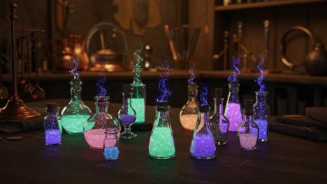 a mesmerizing collection of colorful potion bottles emitting vibrant wisps of smoke, set against a dark, rustic laboratory background