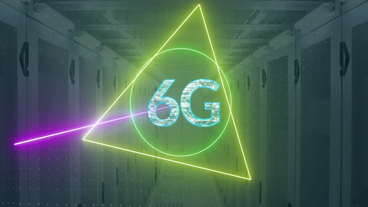animación de texto de 6g sobre la sala del servidor