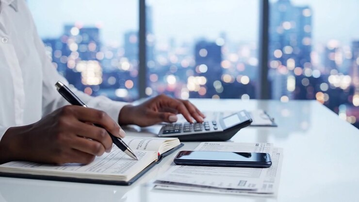 Focused Office Work: A Professional Engaged in Calculations with Notebook and Smartphone at a Desirable Workspace Overlooking a City Skyline