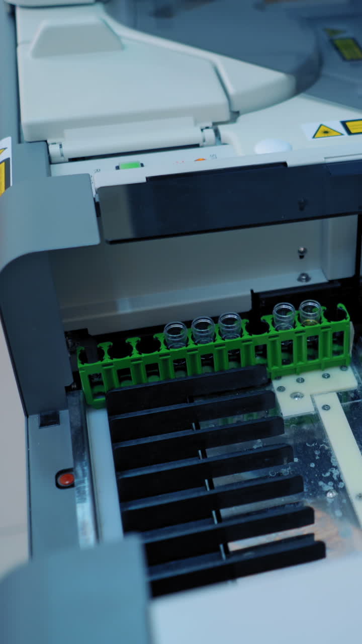 Modern robotical machine for blood. Close up view of equipment of chemical laboratory Vertical video