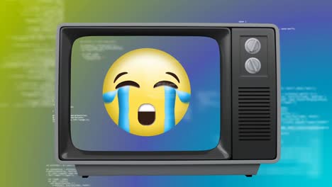 vista frontal de un televisor viejo con un emoticono llorando en la pantalla