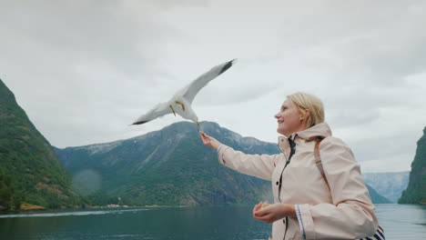 una mujer está alimentando a una gaviota que vuela por confianza y domestica el concepto de viaje a través de los fiordos de ni