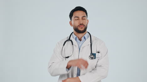 Thinking, medical doctor and a man in studio