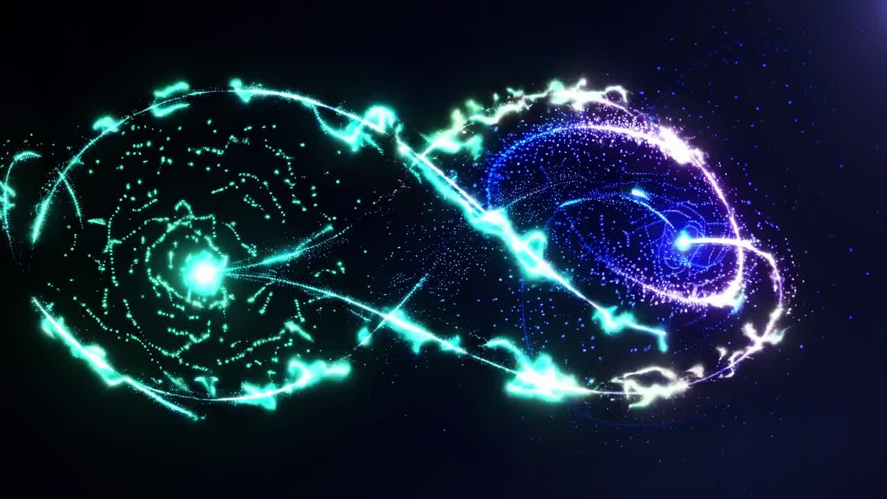 светящиеся квантовые частицы, образующие люминесцентный символ бесконечности, динамически представляющие взаимосвязанную квантовую запутанность на темном абстрактном цифровом фоне