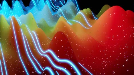 abstract 3d surface with beautiful waves, luminous sparkles and bright color gradient, colors of rainbow. waves run on matte surface with glow glitter and glow lines. 4k looped animation