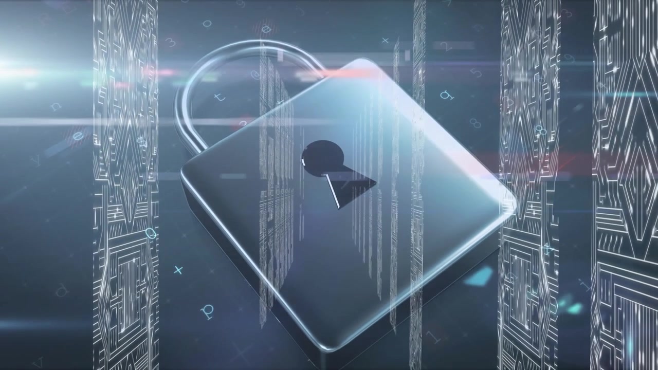 Animation of padlock, numbers, lights and data processing over servers