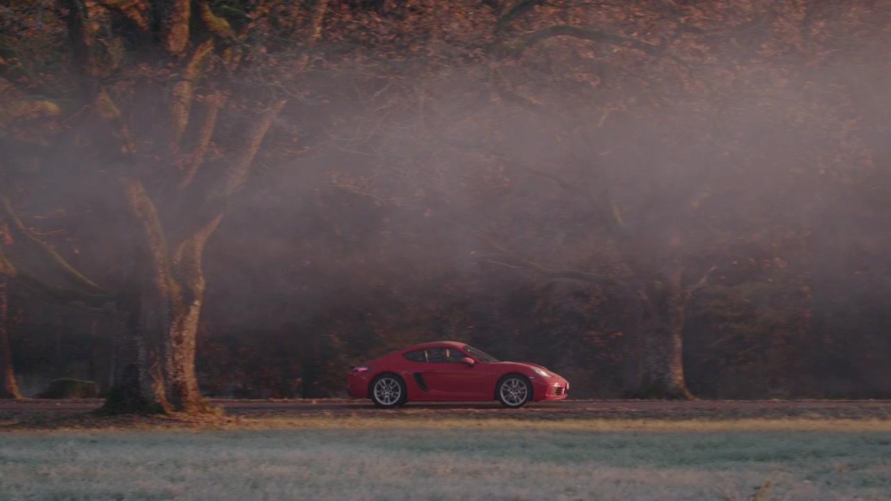 Una sexy auto sportiva rossa che guida attraverso il fogliame autunnale in una tenuta privata avvolta da una coltre di nebbia durante l'alba.