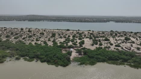 Plants-on-the-sand-dunes-surrounded-by-the-lake-water-in-Botar-Lake-Sanghar,-Sindh,-Pakistan