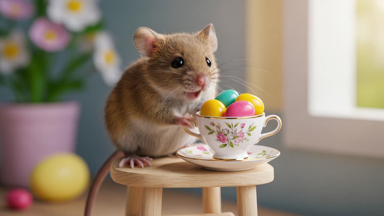 Un allegro topolino esplora con gioia una collezione colorata di uova di Pasqua in una delicata tazza da tè, catturando l'essenza dei festeggiamenti primaverili e dei momenti adorabili