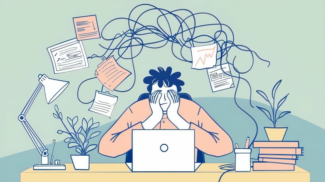 Illustration of a stressed person at a desk with papers flying, viewed from the front