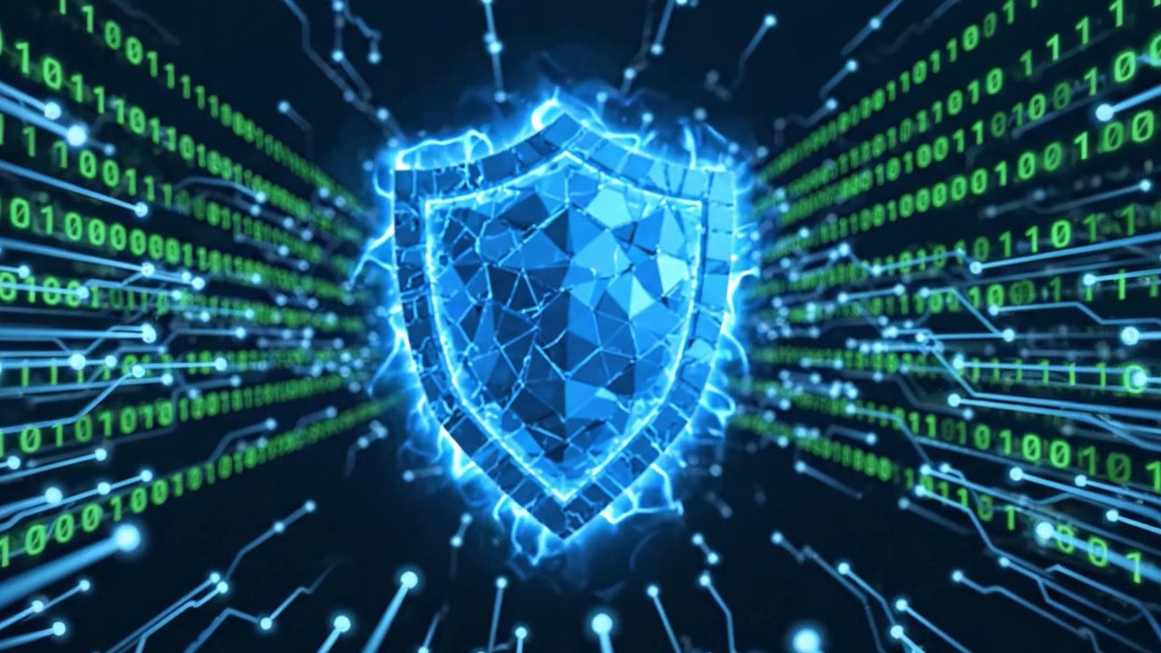 A Striking Visual Representation of Cybersecurity: A Glowing Shield Surrounded by Streams of Binary Code, Symbolizing Digital Protection and Encryption in the Modern Age