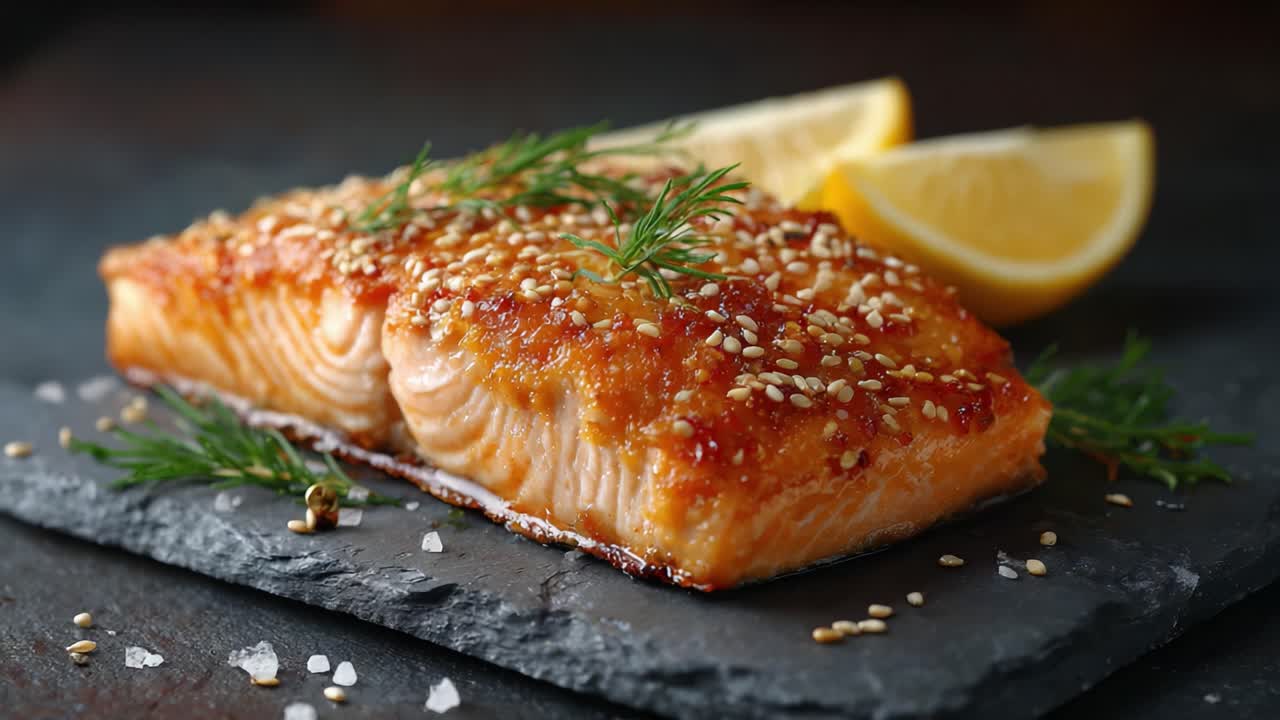 Deliciously Glazed Salmon Fillet with Sesame Seeds and Fresh Lemon Slices Ready to Tempt Your Taste Buds in a Gourmet Presentation