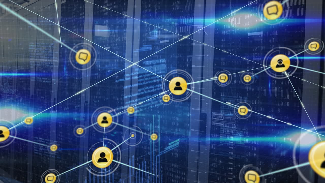 Animation of digital icons and blue light spots against computer server room